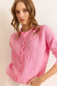 Olalook Women's Pink Suzene Detailed Soft Textured Knitwear Cardigan - Image 4