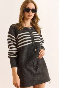 Olalook Women's Anthracite Stripe Detailed Buttoned Knitwear Cardigan