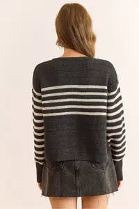 Olalook Women's Anthracite Stripe Detailed Buttoned Knitwear Cardigan - Image 2