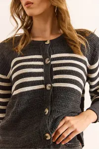 Olalook Women's Anthracite Stripe Detailed Buttoned Knitwear Cardigan - Image 3