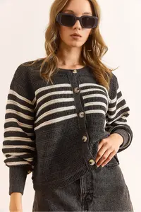 Olalook Women's Anthracite Stripe Detailed Buttoned Knitwear Cardigan - Image 4