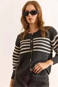 Olalook Women's Anthracite Stripe Detailed Buttoned Knitwear Cardigan - Image 5