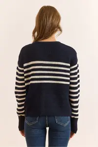 Olalook Women's Navy Blue Stripe Detailed Buttoned Knitwear Cardigan - Image 2