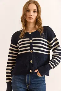 Olalook Women's Navy Blue Stripe Detailed Buttoned Knitwear Cardigan - Image 3
