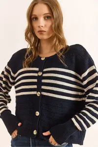 Olalook Women's Navy Blue Stripe Detailed Buttoned Knitwear Cardigan - Image 4
