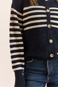 Olalook Women's Navy Blue Stripe Detailed Buttoned Knitwear Cardigan - Image 5