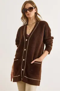 Olalook Women's Bitter Brown Foil Rope Detailed Thick Pocket Long Beard Cardigan