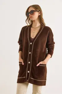 Olalook Women's Bitter Brown Foil Rope Detailed Thick Pocket Long Beard Cardigan - Image 2