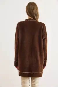 Olalook Women's Bitter Brown Foil Rope Detailed Thick Pocket Long Beard Cardigan - Image 3