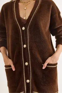 Olalook Women's Bitter Brown Foil Rope Detailed Thick Pocket Long Beard Cardigan - Image 4
