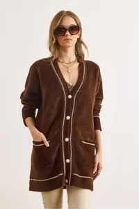 Olalook Women's Bitter Brown Foil Rope Detailed Thick Pocket Long Beard Cardigan - Image 5