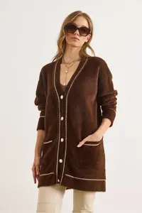Olalook Women's Bitter Brown Foil Rope Detailed Thick Pocket Long Beard Cardigan - Image 6