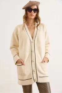 Olalook Women's Ecru Foil Rope Detailed Thick Pocket Long Beard Cardigan