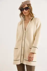Olalook Women's Ecru Foil Rope Detailed Thick Pocket Long Beard Cardigan - Image 3