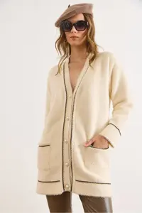 Olalook Women's Ecru Foil Rope Detailed Thick Pocket Long Beard Cardigan - Image 4