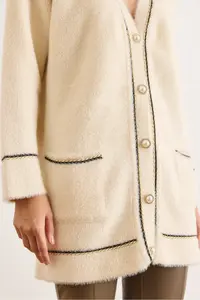 Olalook Women's Ecru Foil Rope Detailed Thick Pocket Long Beard Cardigan - Image 5