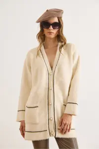 Olalook Women's Ecru Foil Rope Detailed Thick Pocket Long Beard Cardigan - Image 6