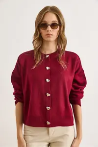 Olalook Women's Burgundy Heart Buttoned Crew Neck Knitwear Cardigan - Image 3
