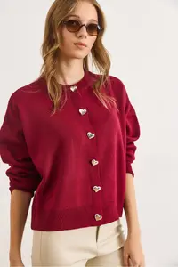 Olalook Women's Burgundy Heart Buttoned Crew Neck Knitwear Cardigan - Image 4
