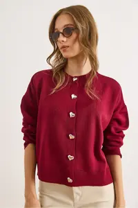 Olalook Women's Burgundy Heart Buttoned Crew Neck Knitwear Cardigan - Image 5