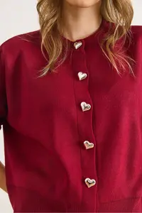 Olalook Women's Burgundy Heart Buttoned Crew Neck Knitwear Cardigan - Image 6