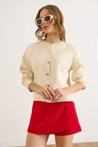 Olalook Women's Ecru Heart Buttoned Crew Neck Knitwear Cardigan - Image 5