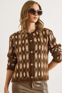Olalook Women's Brown Little Diamond Patterned Rose Gold Knitwear Cardigan