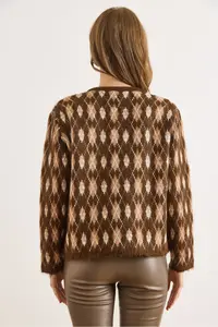 Olalook Women's Brown Little Diamond Patterned Rose Gold Knitwear Cardigan - Image 2