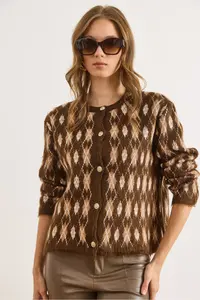 Olalook Women's Brown Little Diamond Patterned Rose Gold Knitwear Cardigan - Image 3