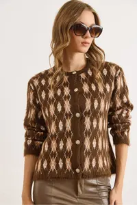 Olalook Women's Brown Little Diamond Patterned Rose Gold Knitwear Cardigan - Image 4