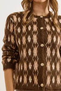 Olalook Women's Brown Little Diamond Patterned Rose Gold Knitwear Cardigan - Image 5
