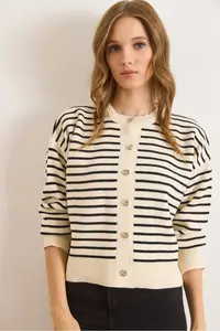 Olalook Women's White Black Stripe Detailed Bike Cardigan Knitwear Cardigan