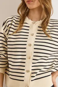 Olalook Women's White Black Stripe Detailed Bike Cardigan Knitwear Cardigan - Image 2