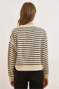 Olalook Women's White Black Stripe Detailed Bike Cardigan Knitwear Cardigan - Image 3