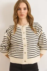 Olalook Women's White Black Stripe Detailed Bike Cardigan Knitwear Cardigan - Image 4