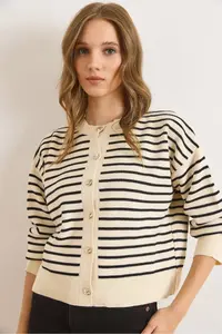 Olalook Women's White Black Stripe Detailed Bike Cardigan Knitwear Cardigan - Image 5