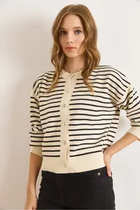 Olalook Women's White Black Stripe Detailed Bike Cardigan Knitwear Cardigan - Image 6