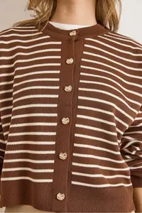 Olalook Women's White Brown Stripe Detailed Bicycle Cardigan Knitwear Cardigan - Image 3