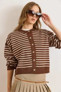 Olalook Women's White Brown Stripe Detailed Bicycle Cardigan Knitwear Cardigan - Image 6