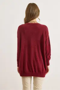 Olalook Women's Claret Red Crew Neck Button Detailed Long Beard Cardigan - Image 2