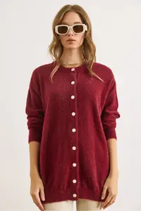 Olalook Women's Claret Red Crew Neck Button Detailed Long Beard Cardigan - Image 3