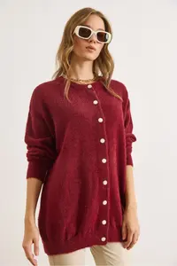 Olalook Women's Claret Red Crew Neck Button Detailed Long Beard Cardigan - Image 4