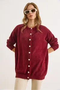 Olalook Women's Claret Red Crew Neck Button Detailed Long Beard Cardigan - Image 5