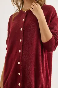 Olalook Women's Claret Red Crew Neck Button Detailed Long Beard Cardigan - Image 6
