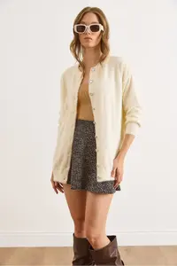 Olalook Women's Ecru Crew Neck Button Detailed Long Beard Cardigan - Image 3