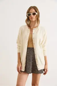 Olalook Women's Ecru Crew Neck Button Detailed Long Beard Cardigan - Image 4