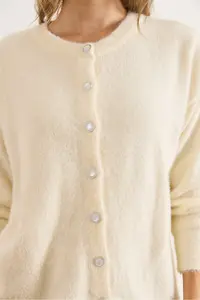 Olalook Women's Ecru Crew Neck Button Detailed Long Beard Cardigan - Image 5