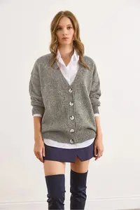 Olalook Women's Gray Buttoned Soft Textured Oversize Knitwear Cardigan
