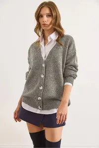 Olalook Women's Gray Buttoned Soft Textured Oversize Knitwear Cardigan - Image 3