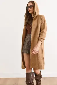 Olalook Women's Biscuit Hooded Soft Textured Thick Cardigan with Pockets